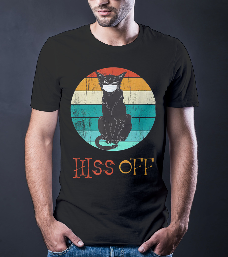 Hiss Off Black Kitty With Mask And Retro Stripes T-Shirt