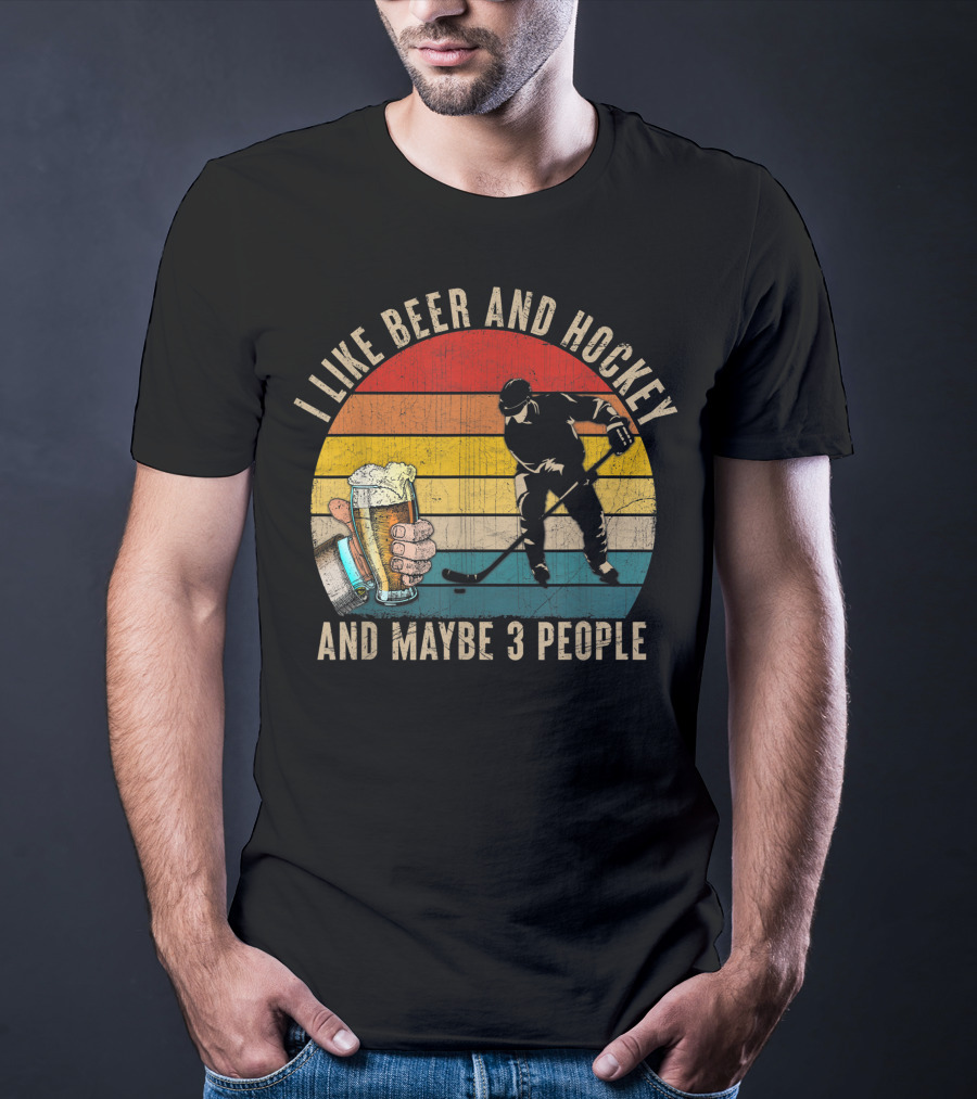 I Like Beer And Hockey And Maybe 3 People Vintage Retro T-Shirt