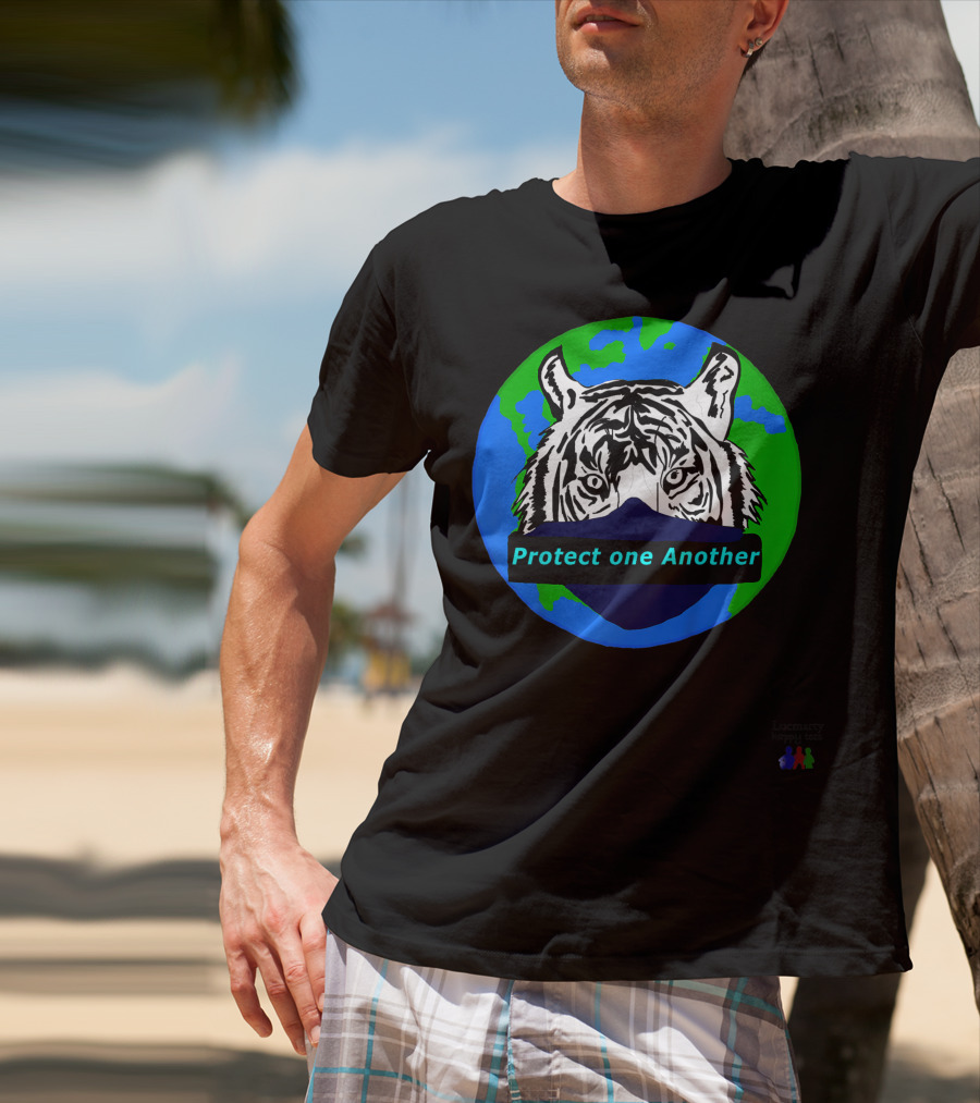 Lucmarty Protect One Another Tiger Wearing Face Mask Over Earth T-Shirt
