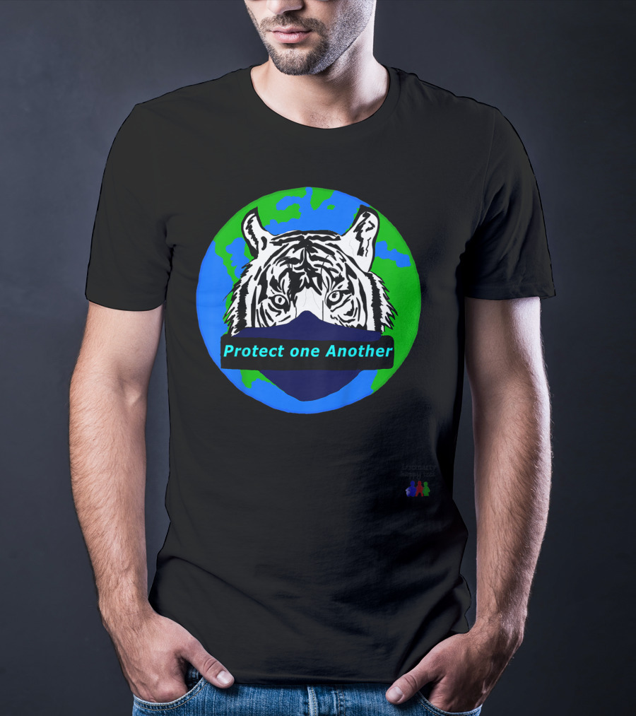 Lucmarty Protect One Another Tiger Wearing Face Mask Over Earth T-Shirt