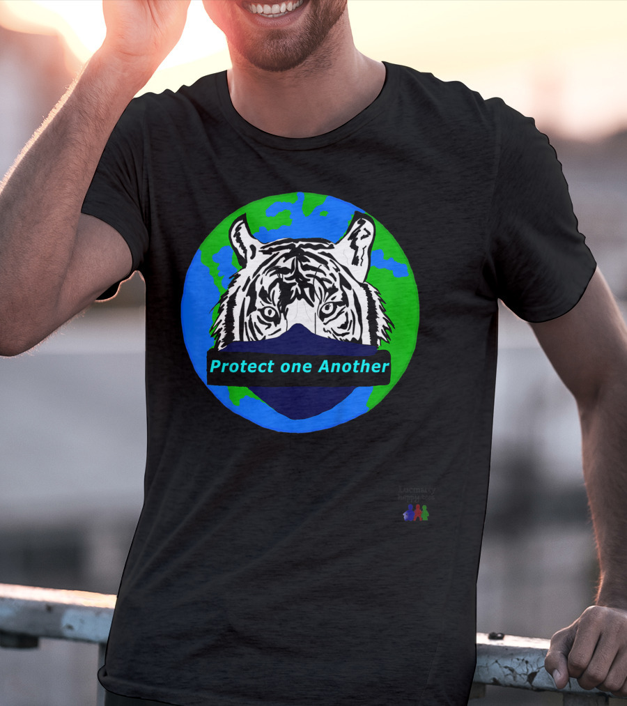 Lucmarty Protect One Another Tiger Wearing Face Mask Over Earth T-Shirt