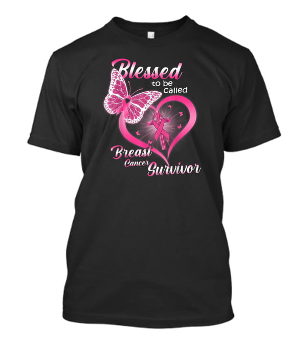 Blessed To Be Called Breast Cancer Survivor Pink Butterfly And Ribbon Heart T-Shirt