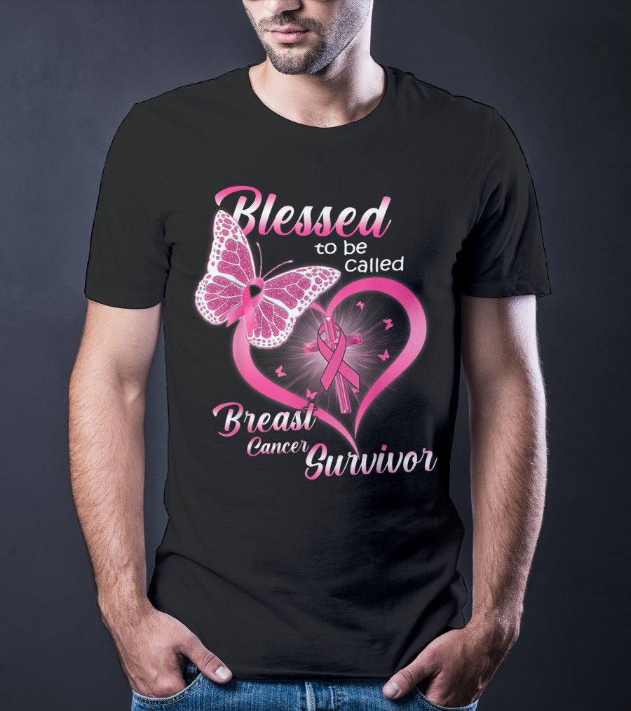 Blessed To Be Called Breast Cancer Survivor Pink Butterfly And Ribbon Heart T-Shirt