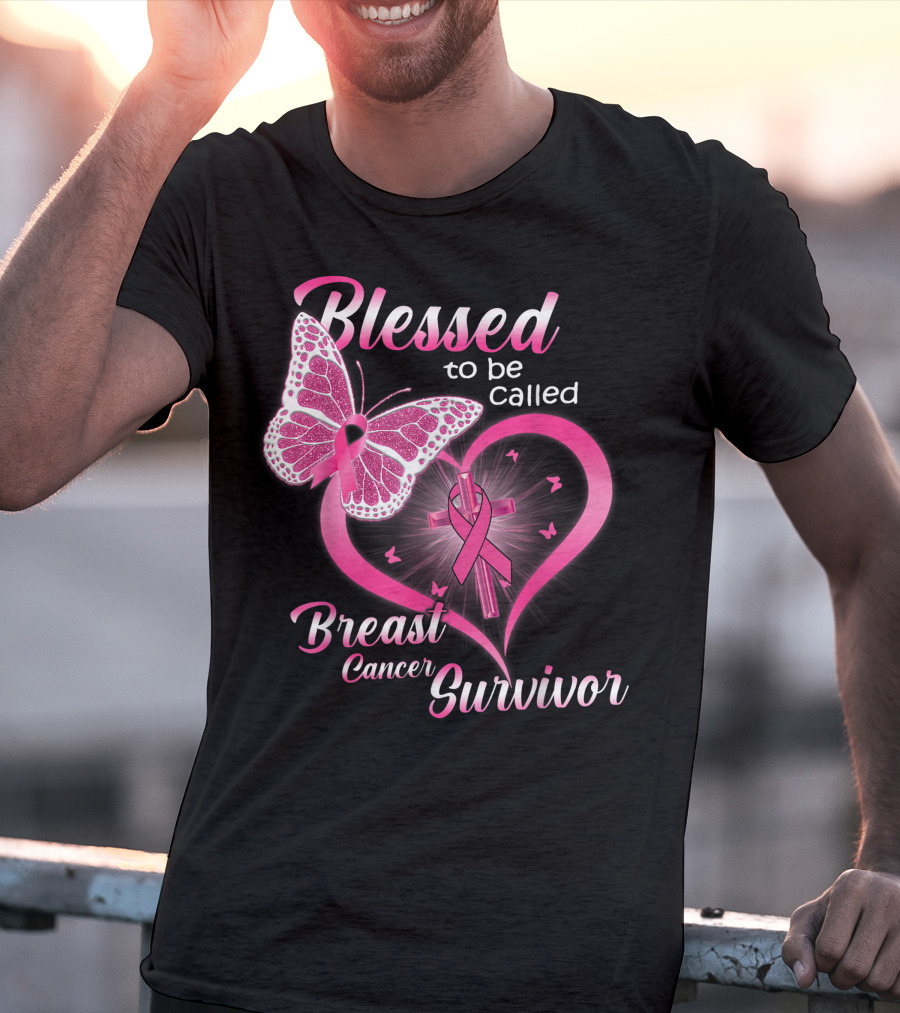 Blessed To Be Called Breast Cancer Survivor Pink Butterfly And Ribbon Heart T-Shirt