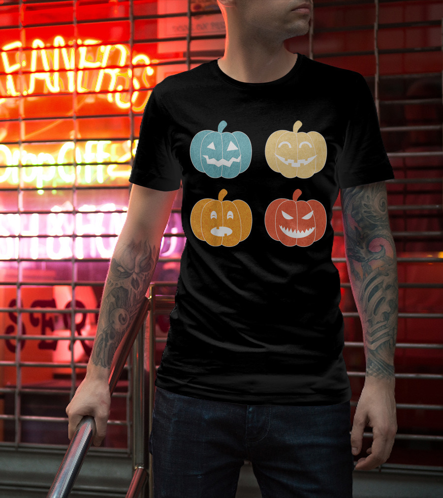 Vintage Halloween Colorful Pumpkin Faces T-Shirt