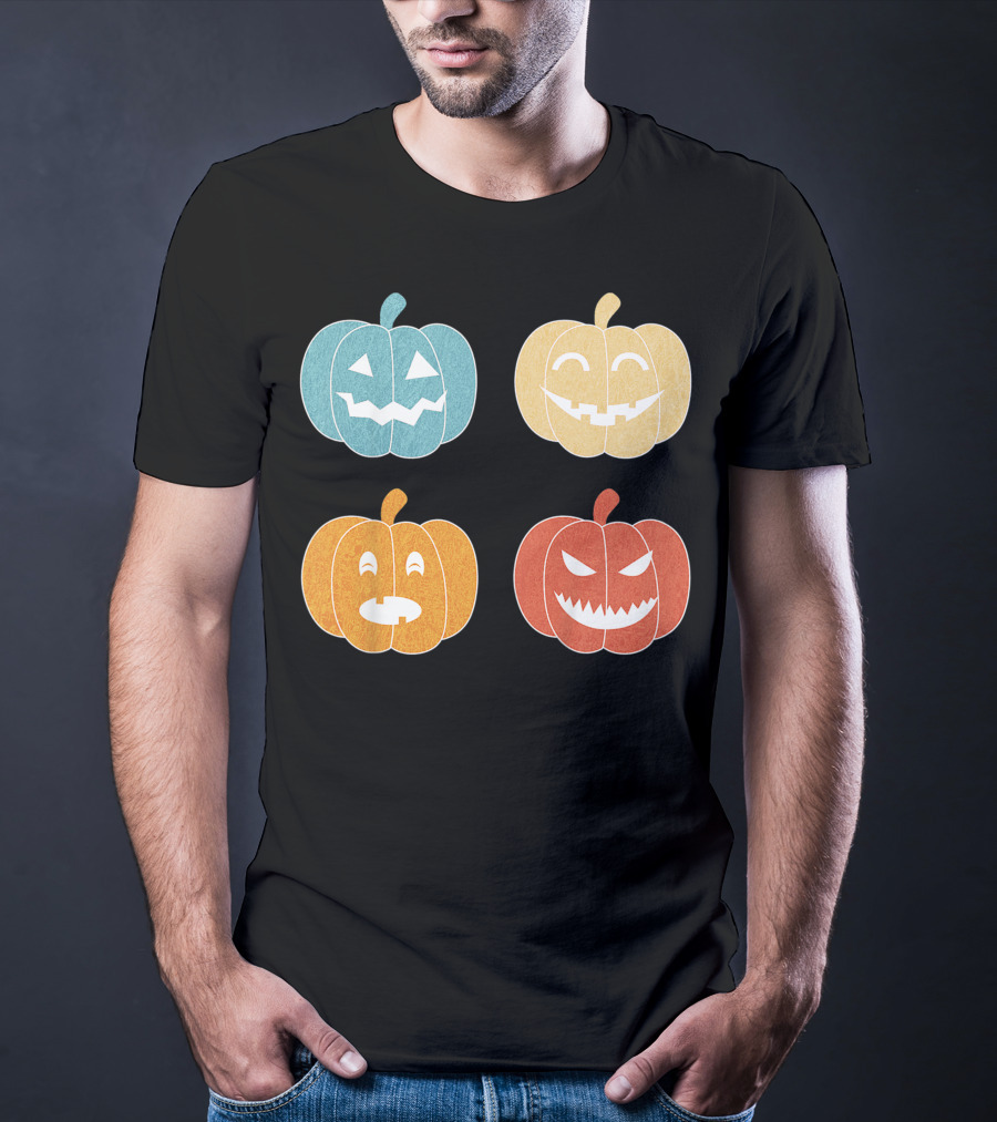Vintage Halloween Colorful Pumpkin Faces T-Shirt