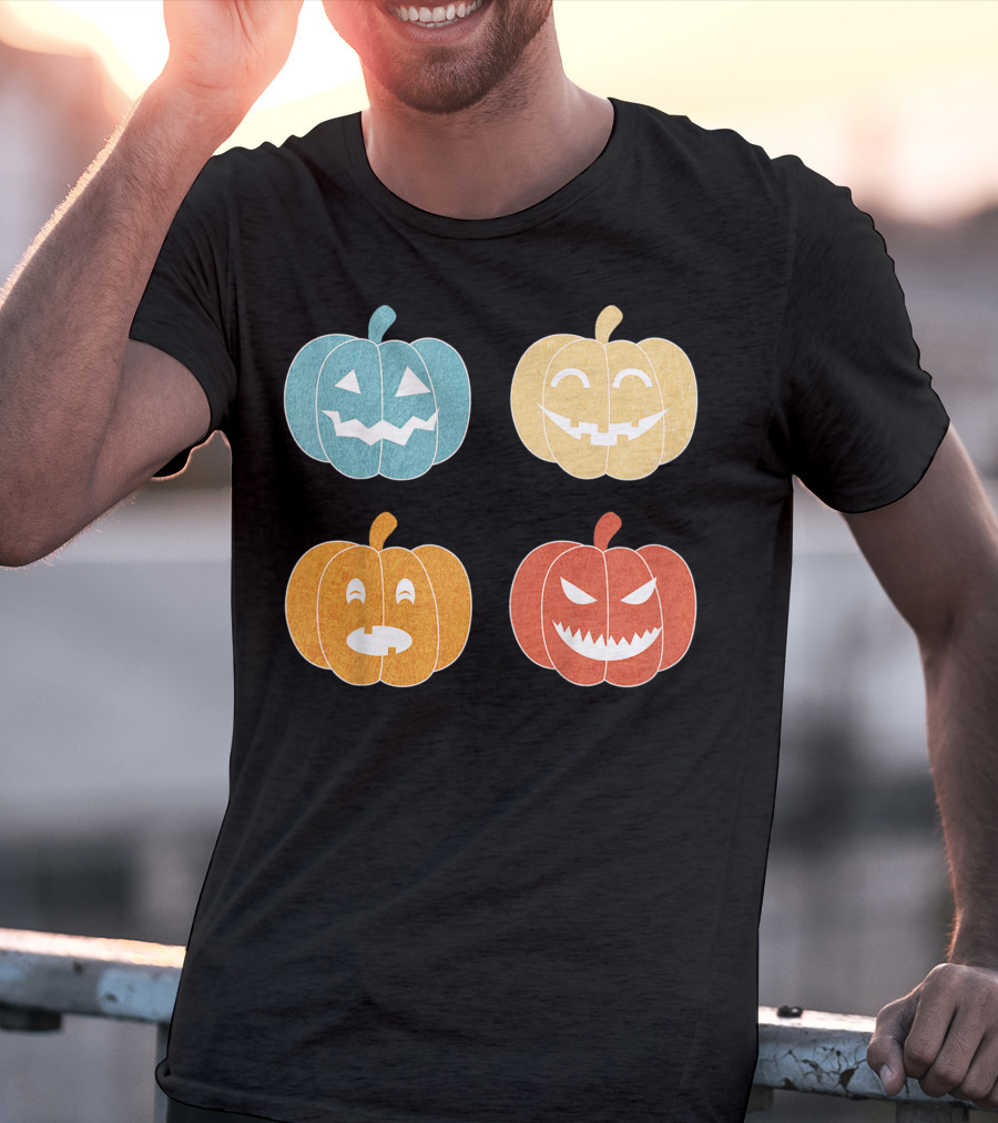 Vintage Halloween Colorful Pumpkin Faces T-Shirt