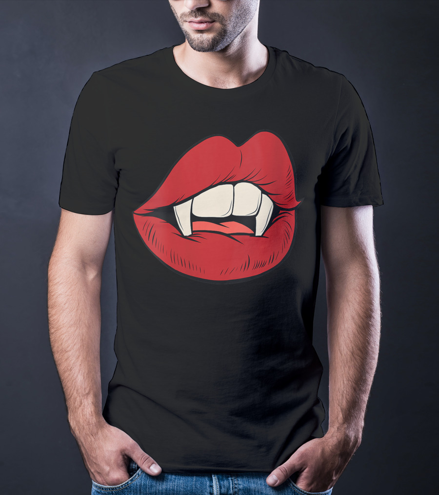 Women Vampire Kiss Halloween Rock Punk Goth Lips Fangs T-Shirt