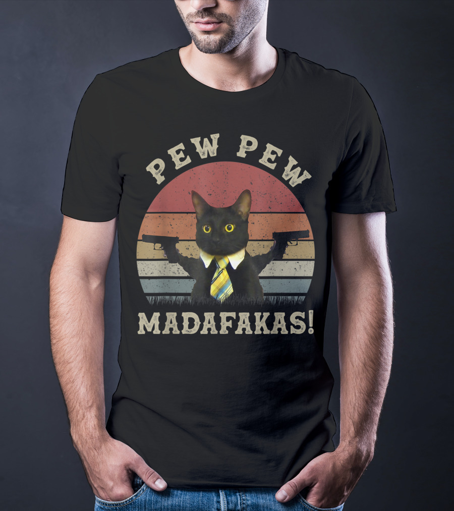 Pew Pew Madafakas Cat With Guns And Tie T-Shirt