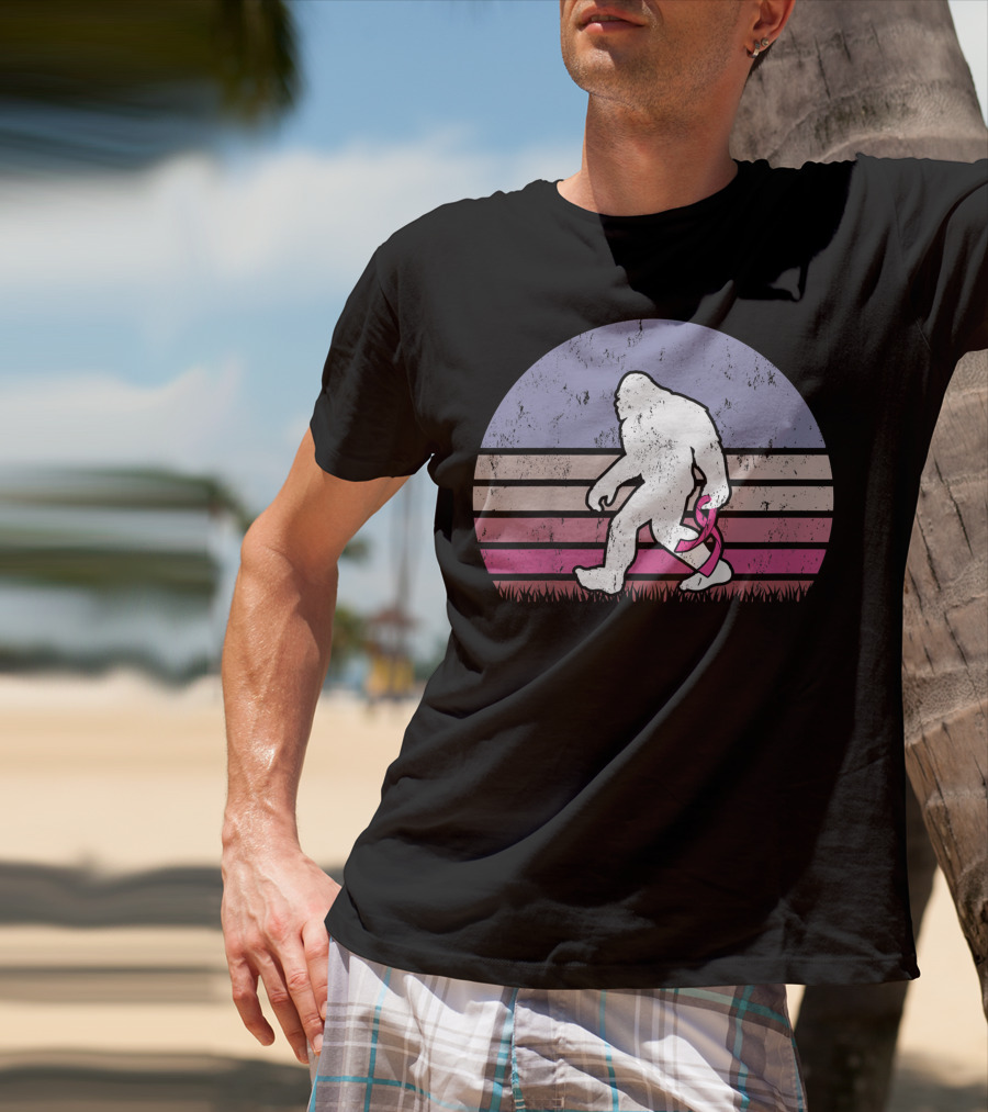 Vintage Bigfoot Breast Cancer Awareness Pink Ribbon Retro Stripes T-Shirt