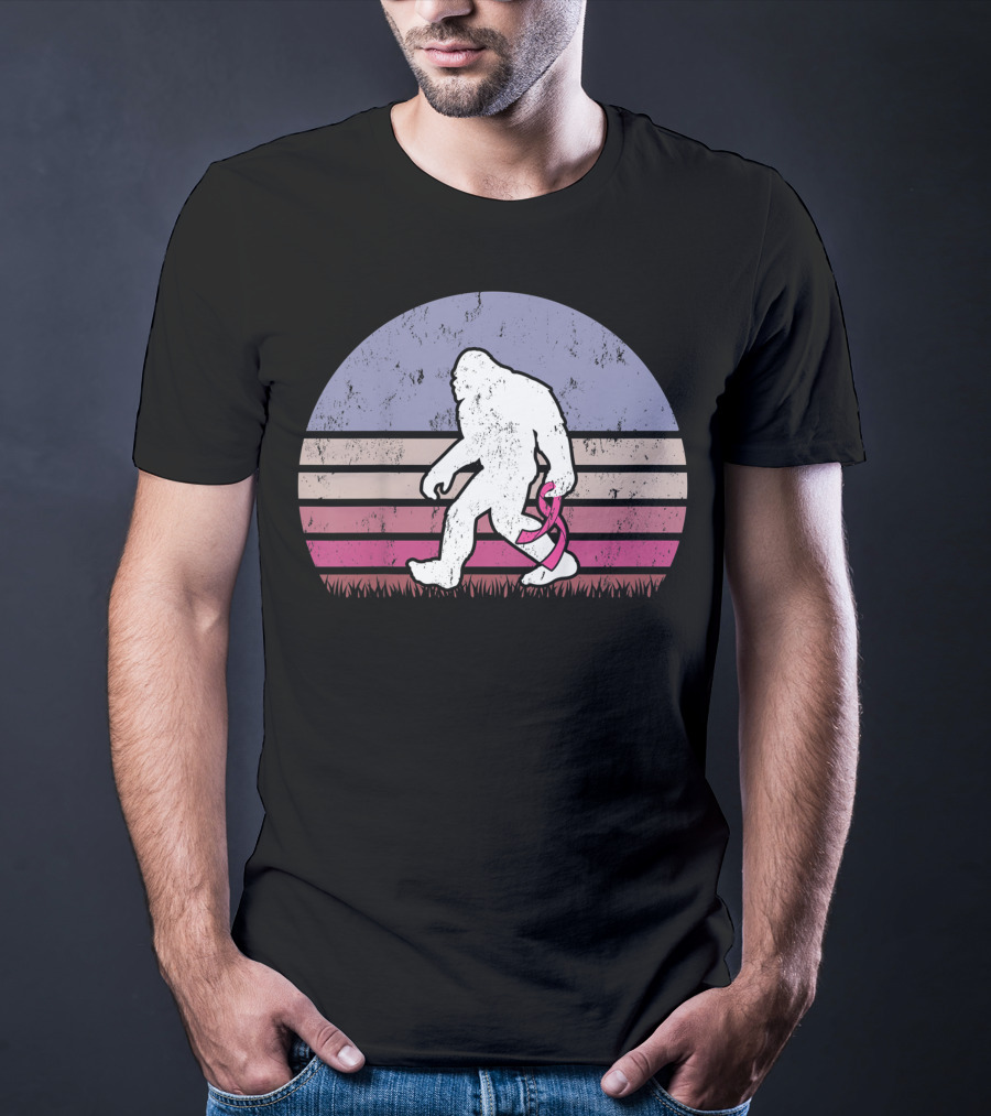 Vintage Bigfoot Breast Cancer Awareness Pink Ribbon Retro Stripes T-Shirt