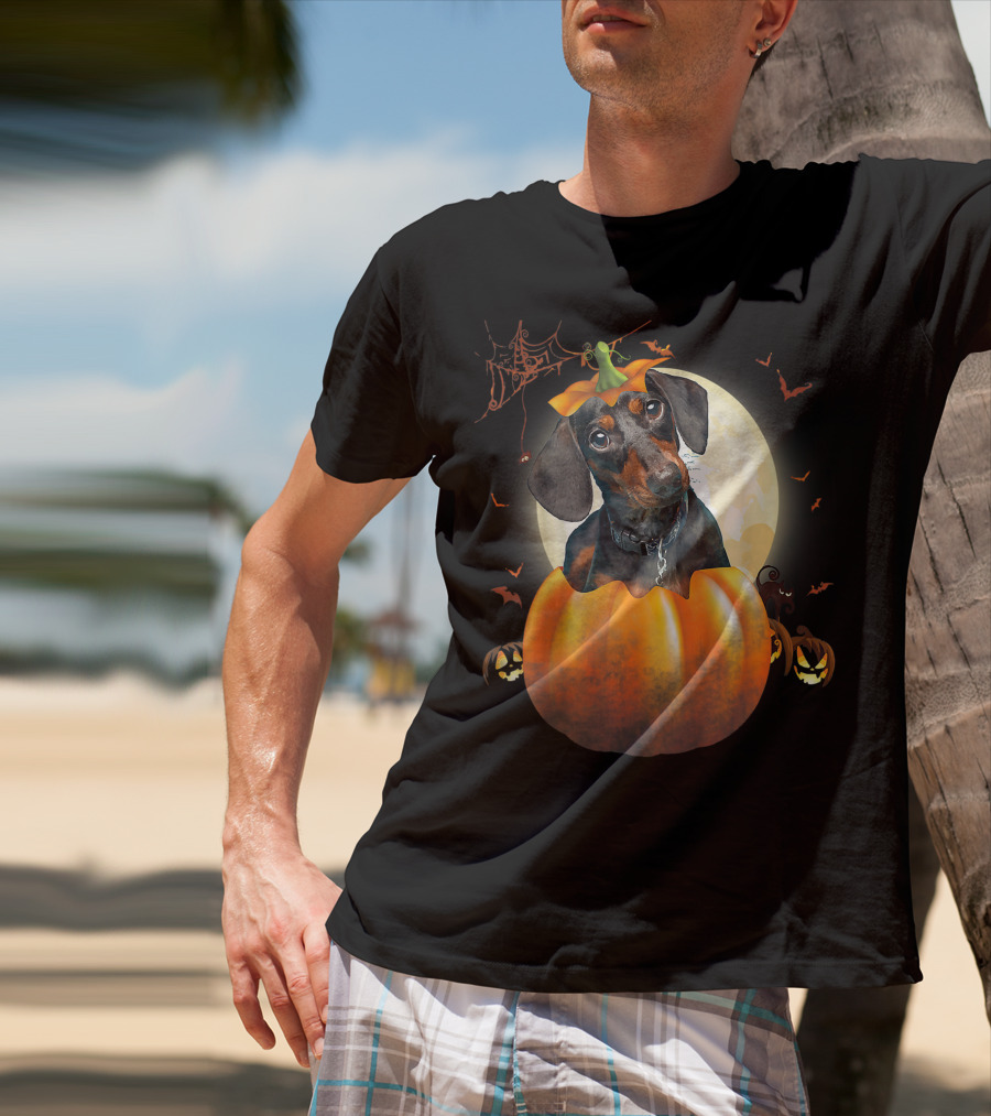 Halloween Funny Dachshund Pumpkin Moon Bats Spiderweb T-Shirt