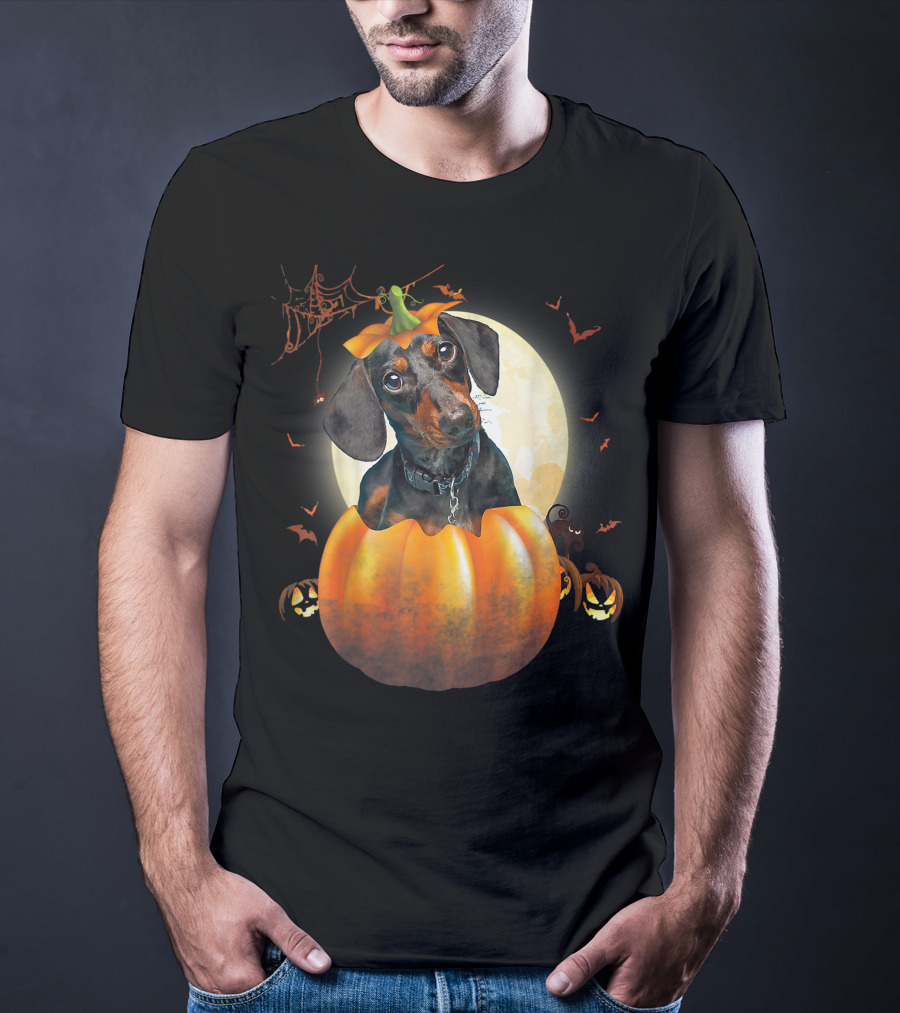 Halloween Funny Dachshund Pumpkin Moon Bats Spiderweb T-Shirt