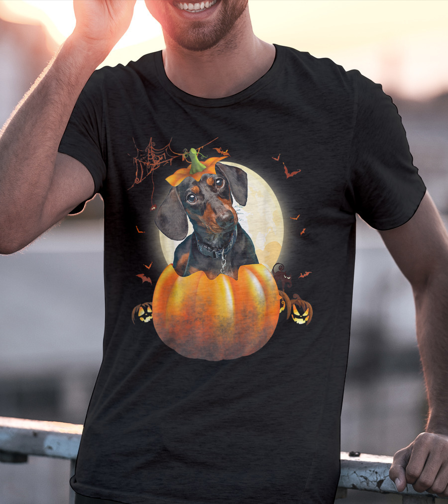 Halloween Funny Dachshund Pumpkin Moon Bats Spiderweb T-Shirt
