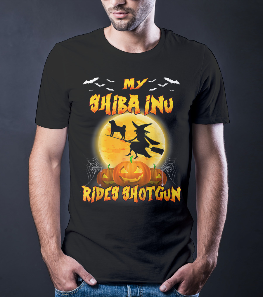 My Shiba Inu Rides Shotgun Halloween Moon Witch Pumpkins T-Shirt