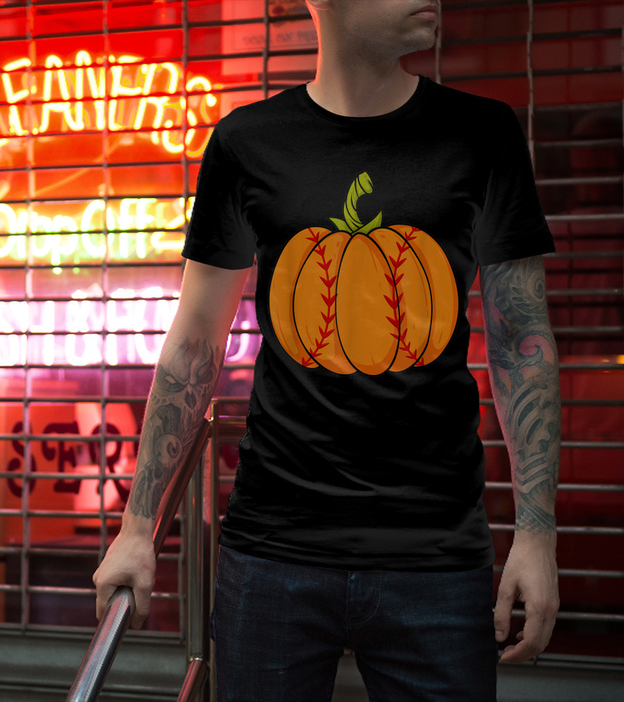 Thanksgiving Baseball Halloween Pumpkin Boys Pitcher Catcher Colorful Stitched T-Shirt