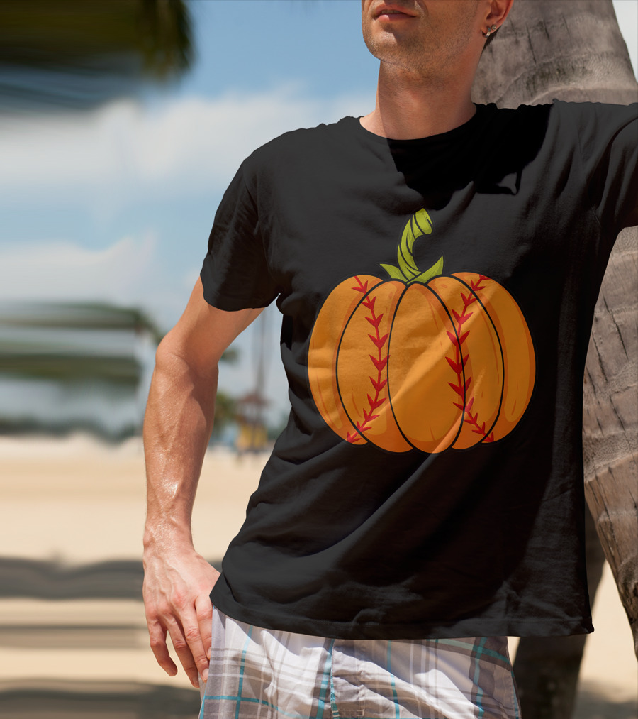 Thanksgiving Baseball Halloween Pumpkin Boys Pitcher Catcher Colorful Stitched T-Shirt