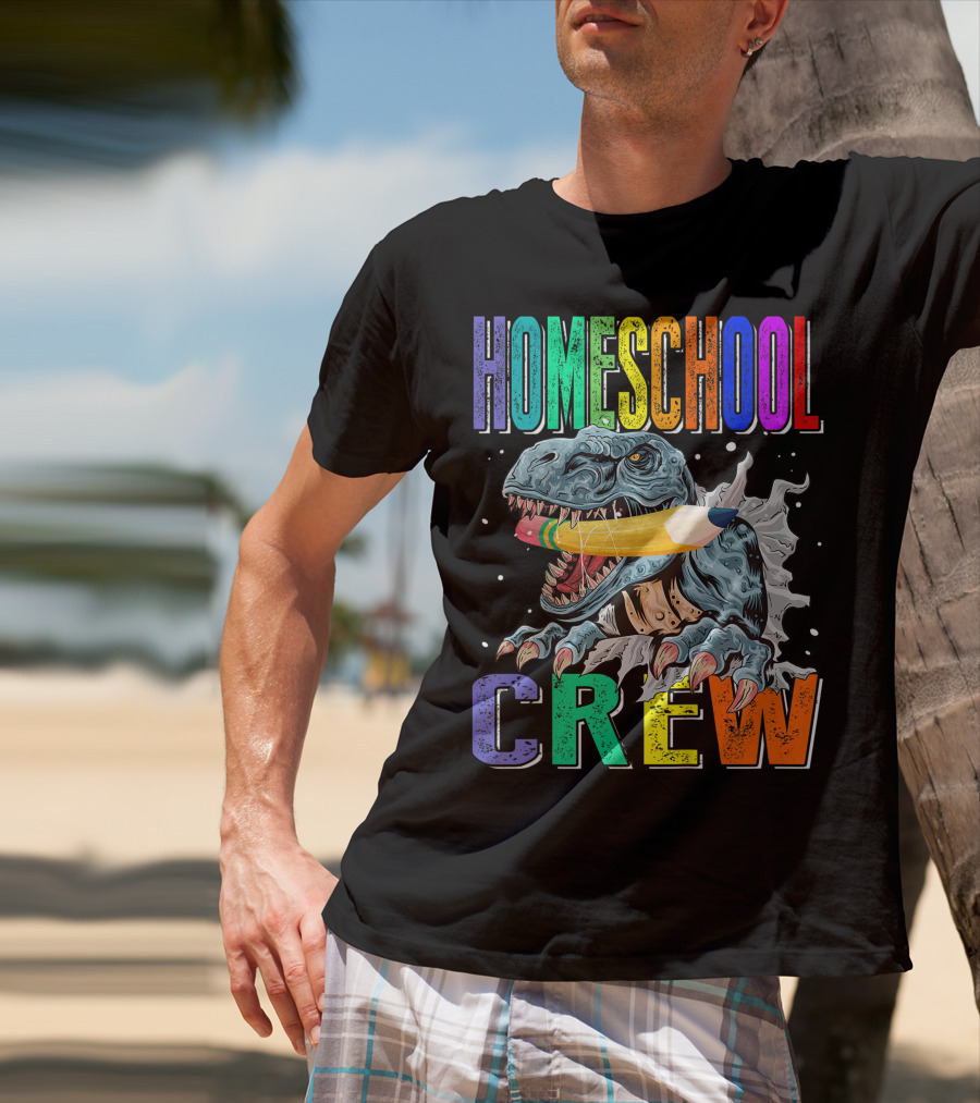 Homeschool Crew Dinosaur Funny Back To School Rainbow Colorful Pencil T-Rex T-Shirt