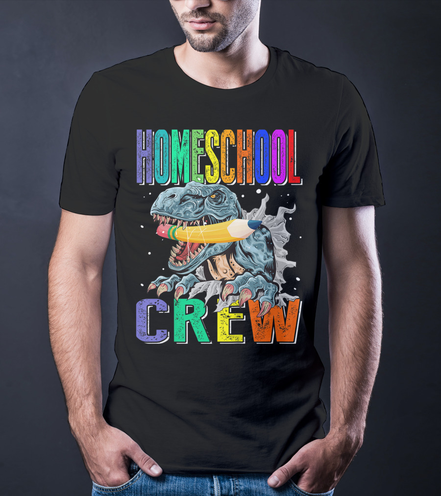 Homeschool Crew Dinosaur Funny Back To School Rainbow Colorful Pencil T-Rex T-Shirt