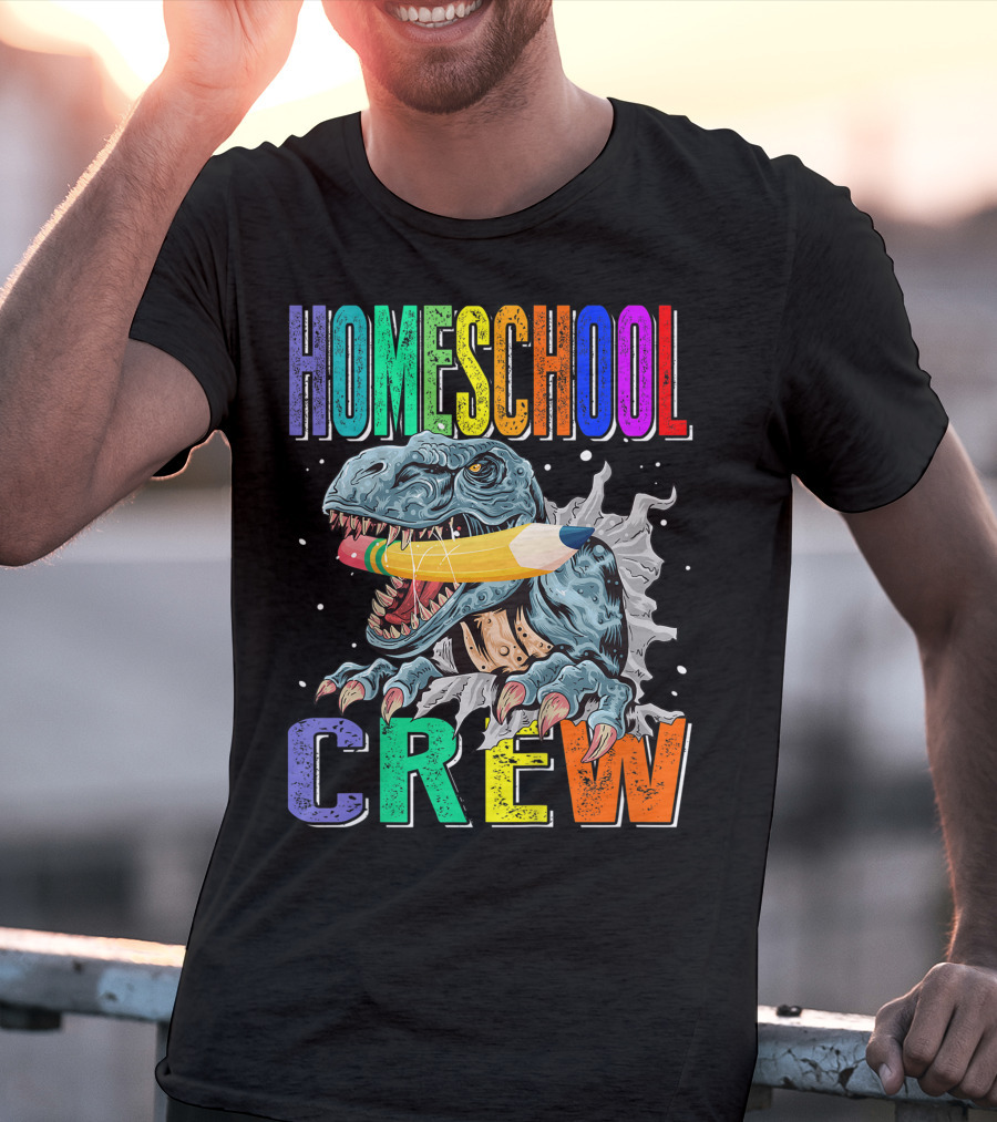 Homeschool Crew Dinosaur Funny Back To School Rainbow Colorful Pencil T-Rex T-Shirt