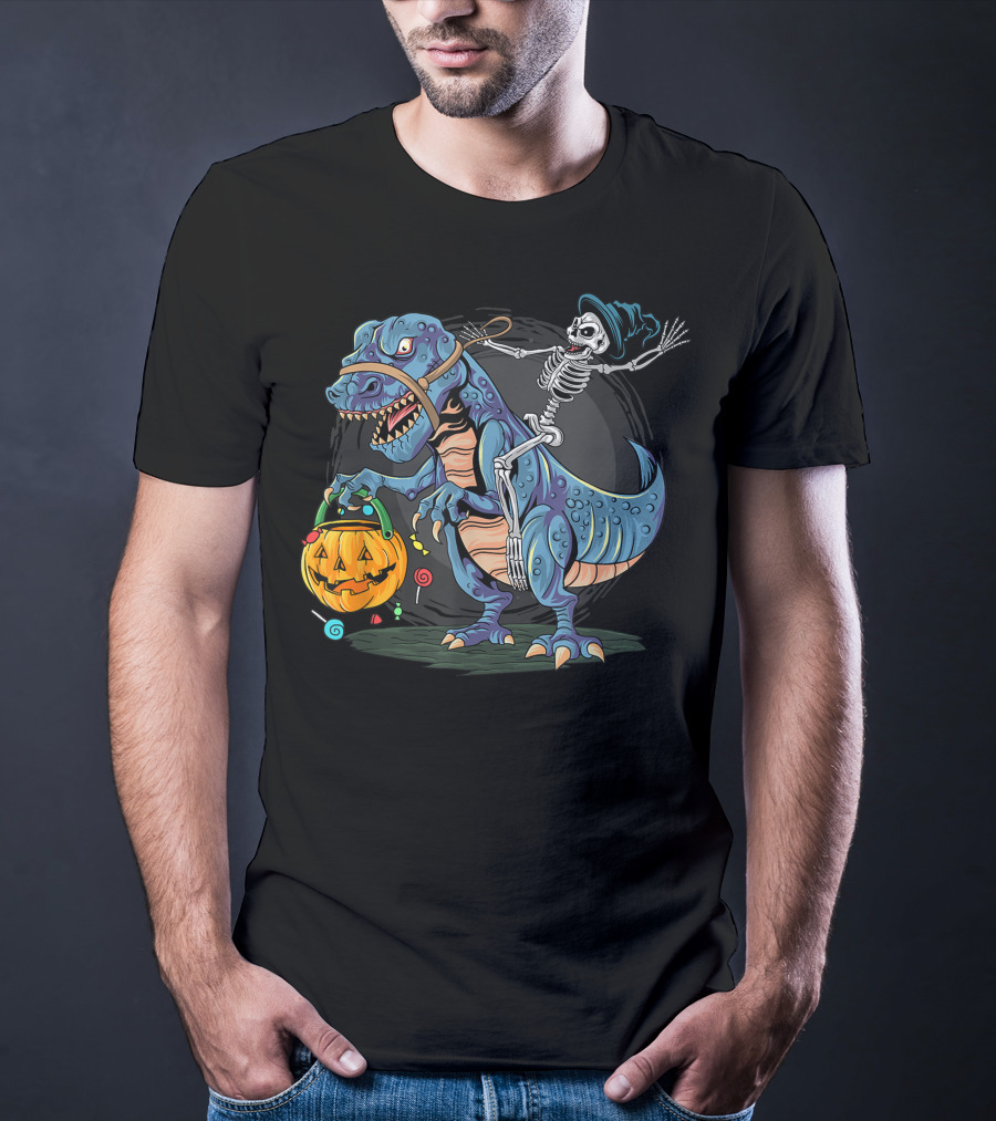 Skeleton With Candy Pumpkin Riding Rex Halloween T-Shirt