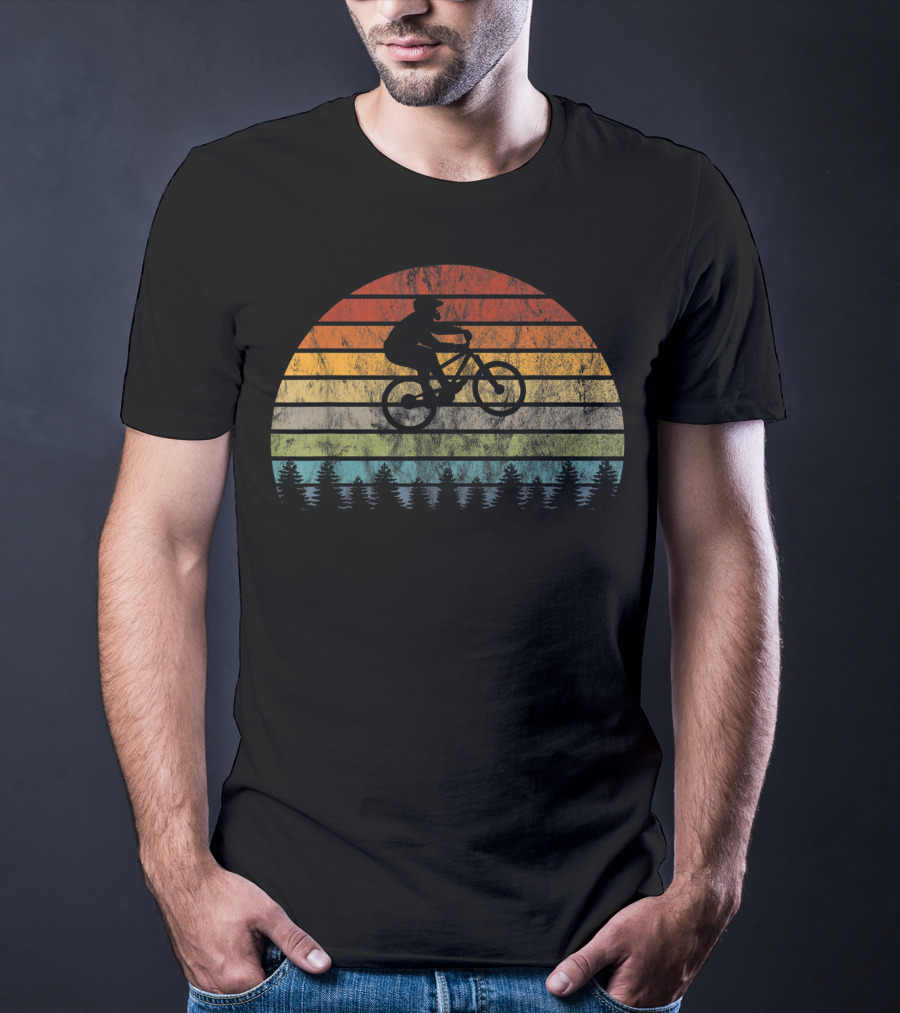 Mountain Bike Bicycle Rider Retro Sunset Cycling Forest T-Shirt