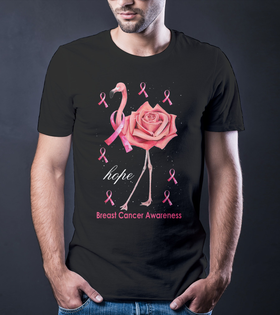 Hope Flamingo Breast Cancer Awareness Pink Ribbon Flower T-Shirt