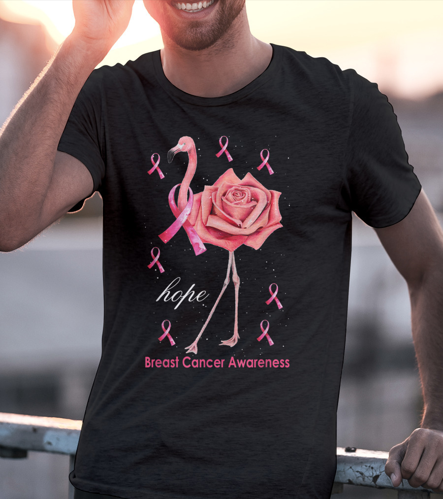 Hope Flamingo Breast Cancer Awareness Pink Ribbon Flower T-Shirt