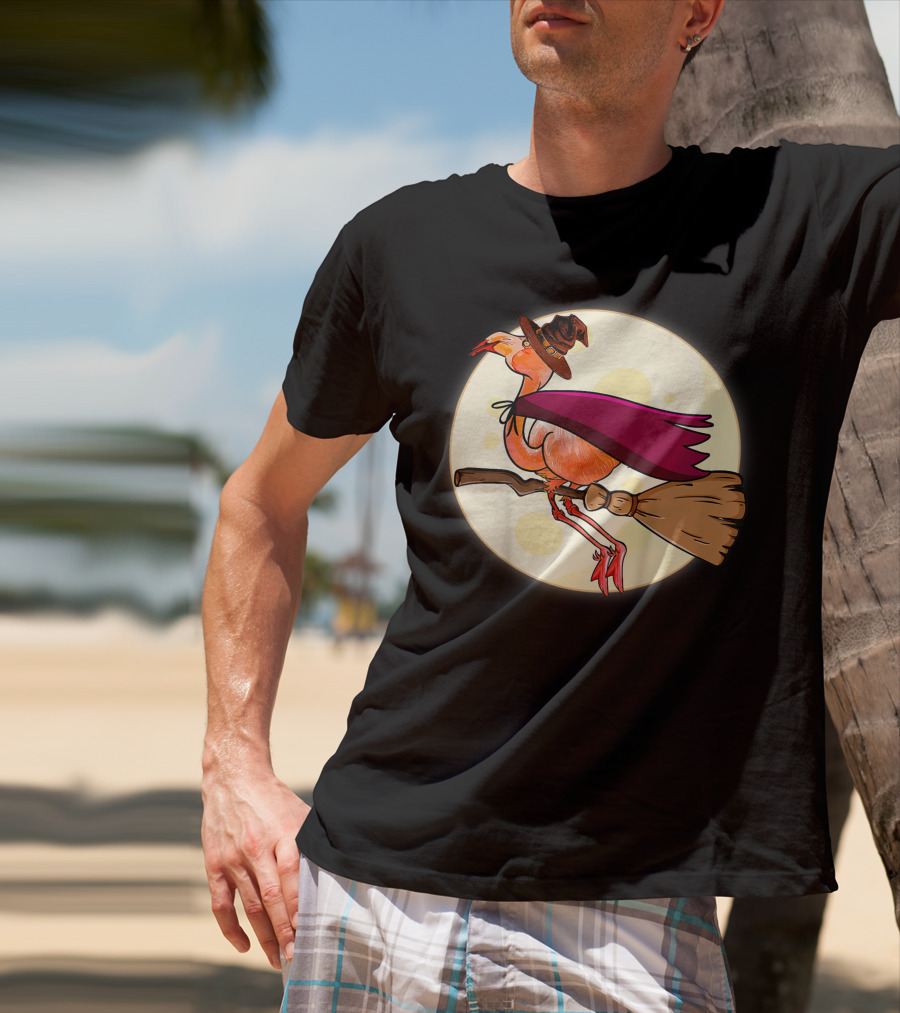 Funny Flamingo Witch Halloween Costume Colorful Lovers Broomstick Moon Hat T-Shirt