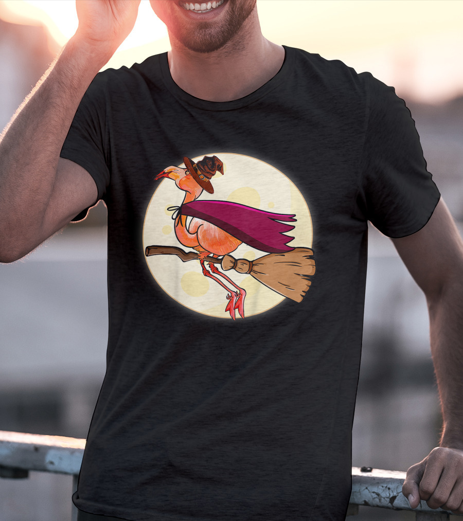 Funny Flamingo Witch Halloween Costume Colorful Lovers Broomstick Moon Hat T-Shirt