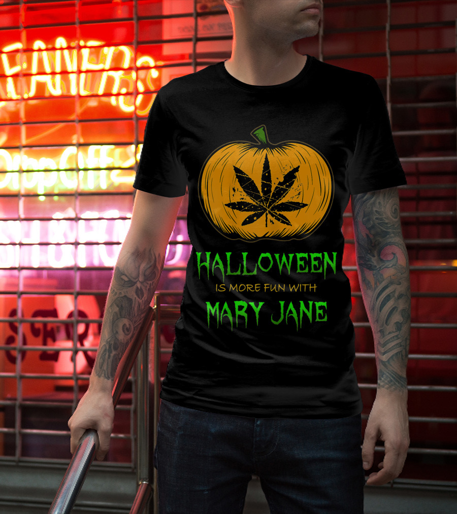 Halloween Is More Fun With Mary Jane Pumpkin Weed Leaf T-Shirt