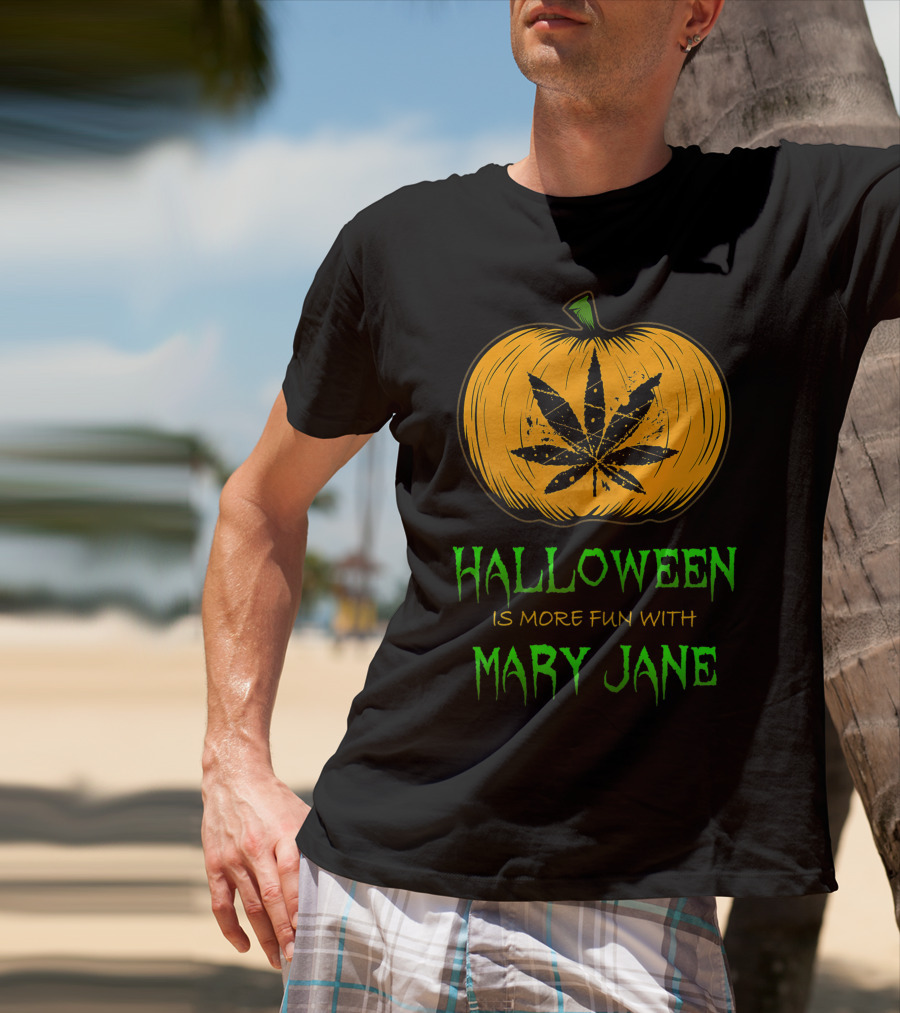 Halloween Is More Fun With Mary Jane Pumpkin Weed Leaf T-Shirt