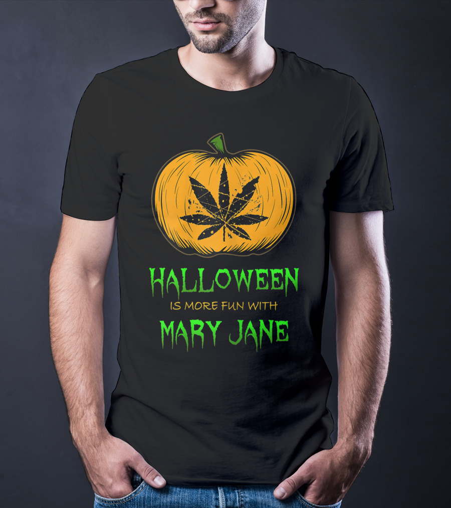 Halloween Is More Fun With Mary Jane Pumpkin Weed Leaf T-Shirt
