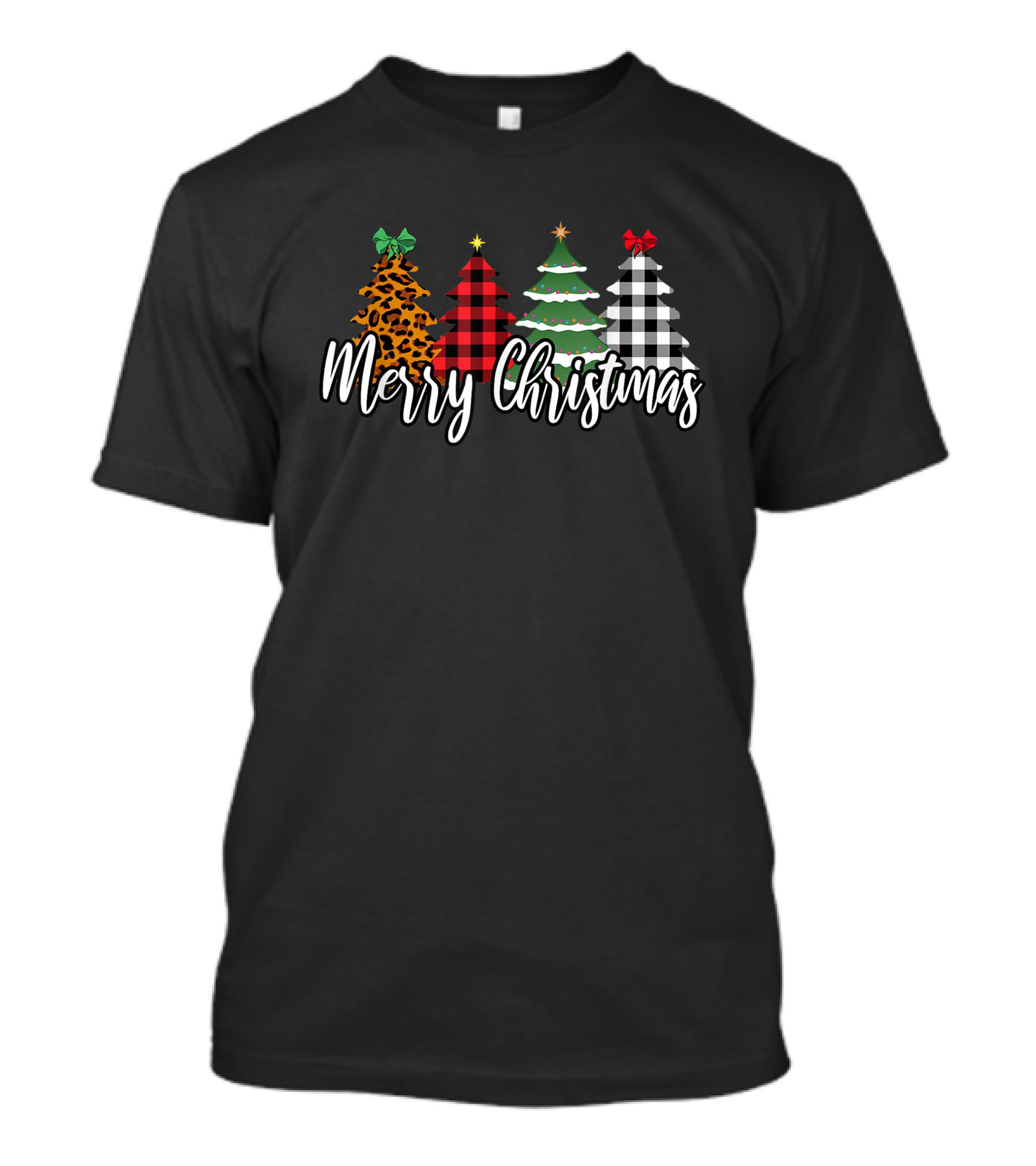 Merry Christmas Leopard Print Buffalo Plaid Holiday Trees T-Shirt