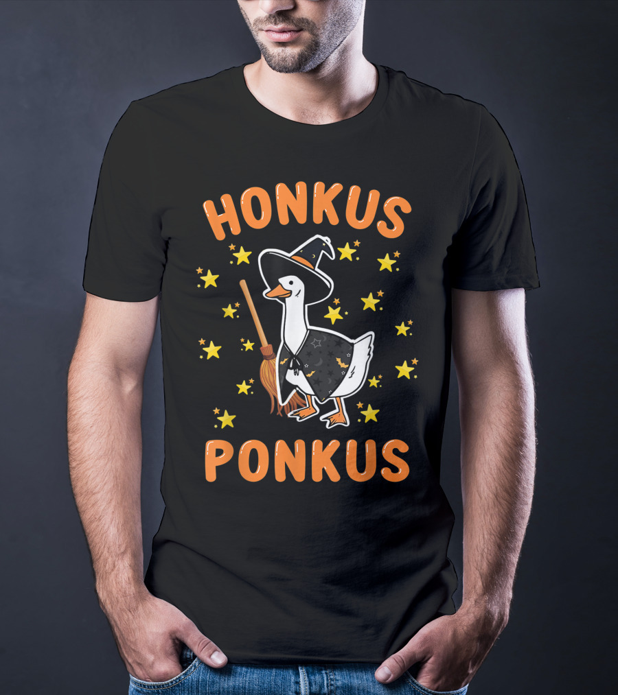 Honkus Ponkus Witch Goose Halloween Magic Stars Broom T-Shirt