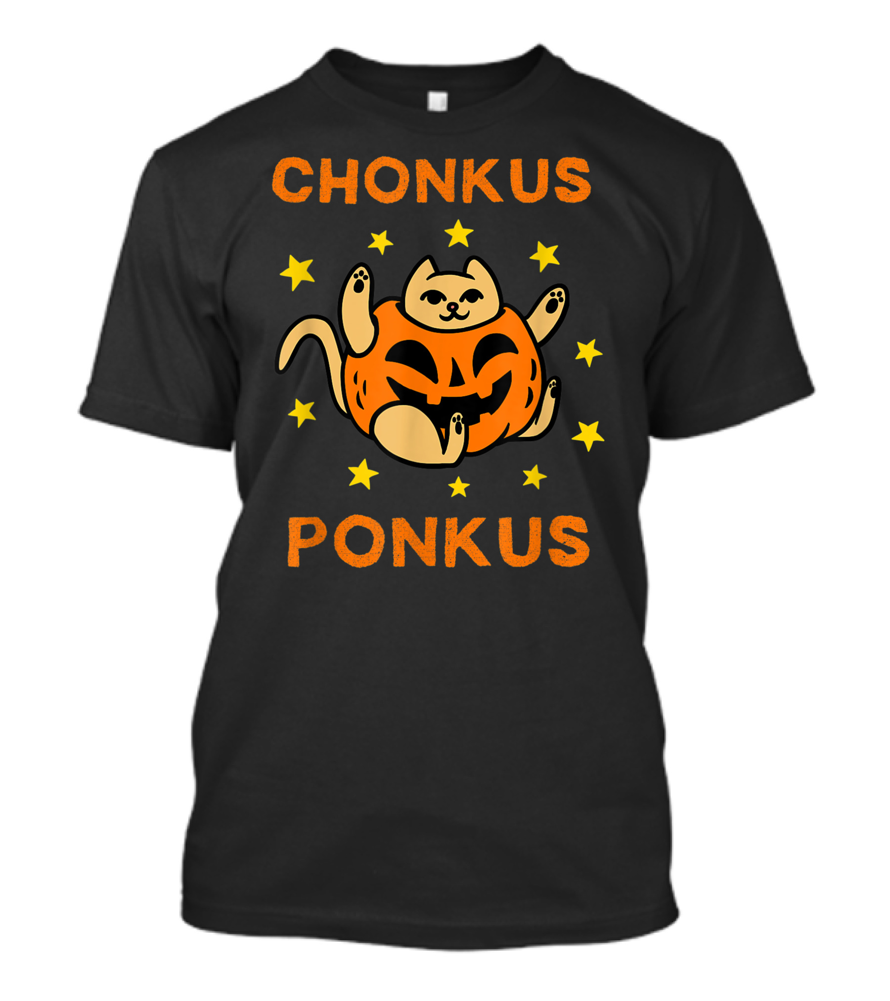 Chonkus Ponkus Funny Halloween Pumpkin Chubby Cat With Stars T-Shirt
