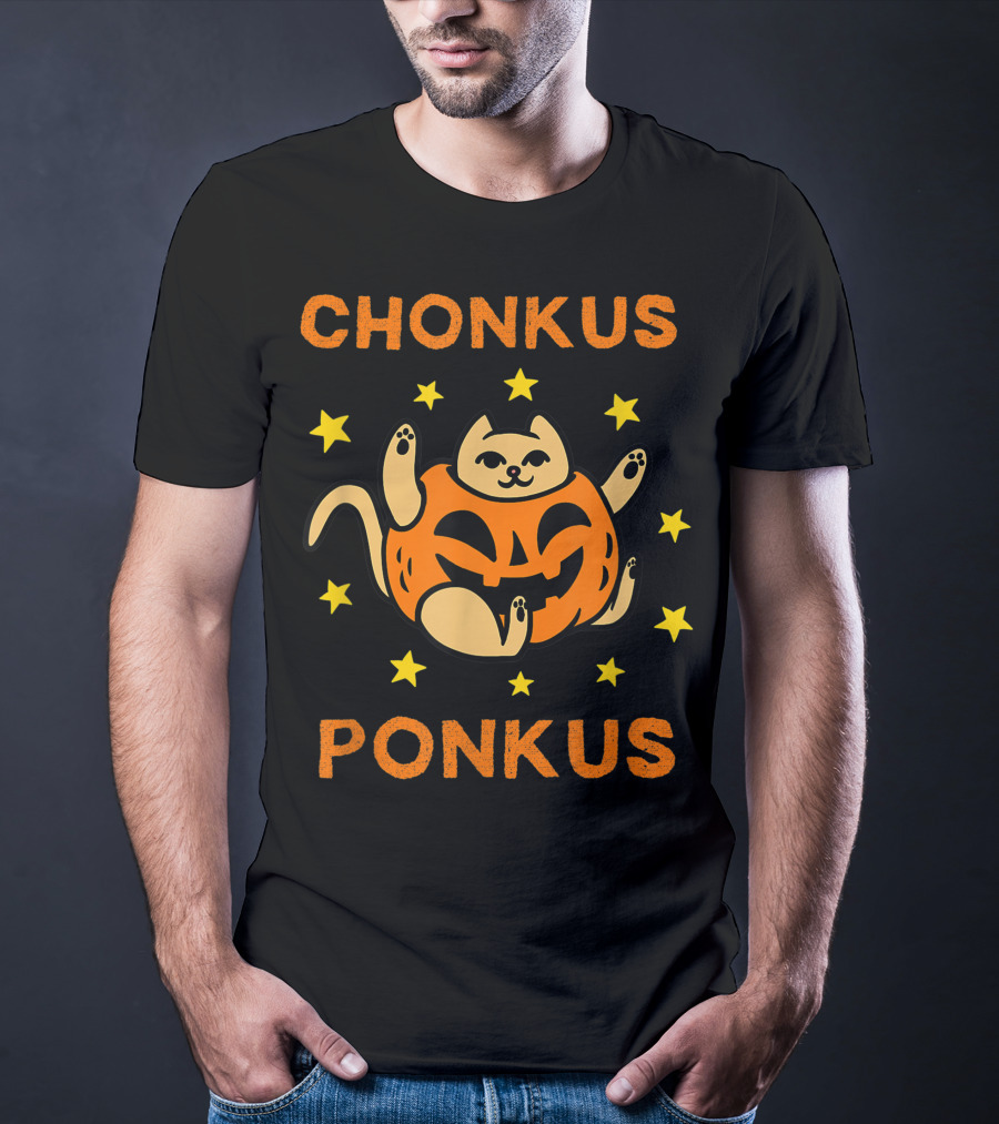 Chonkus Ponkus Funny Halloween Pumpkin Chubby Cat With Stars T-Shirt