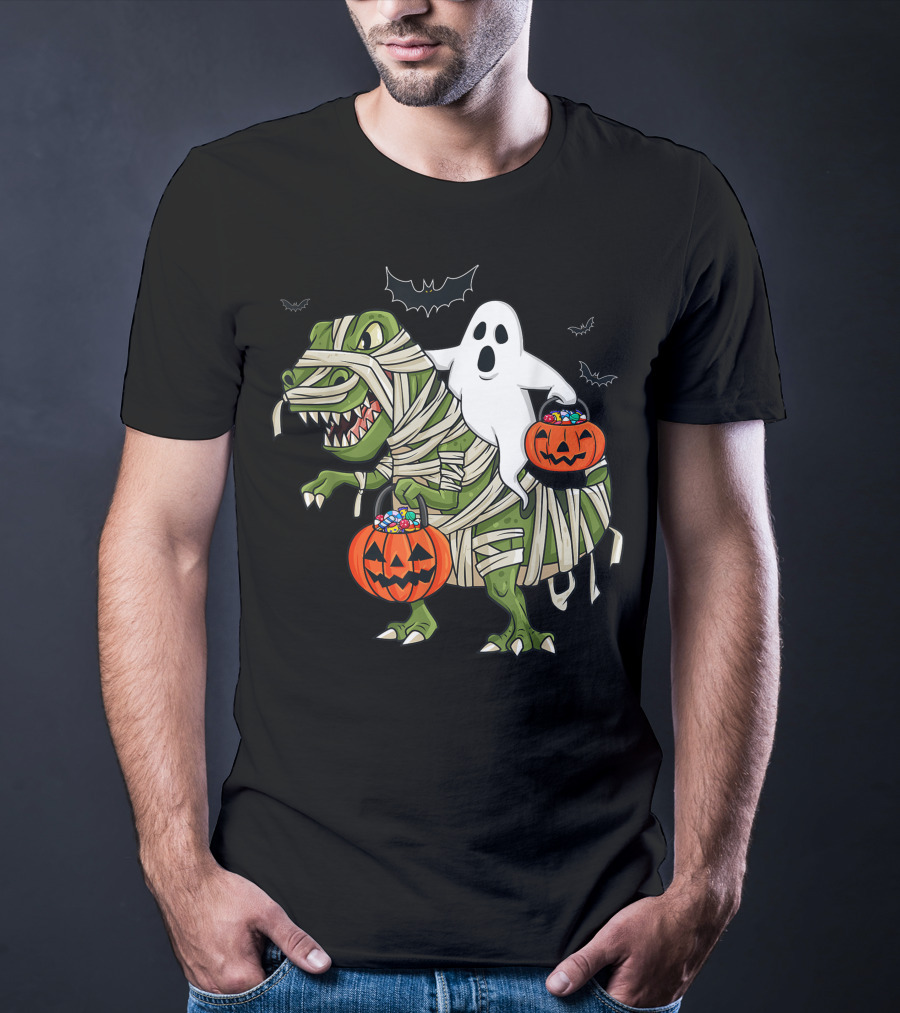 Halloween Ghost Riding Mummy Dinosaur With Pumpkins And Bats T-Shirt