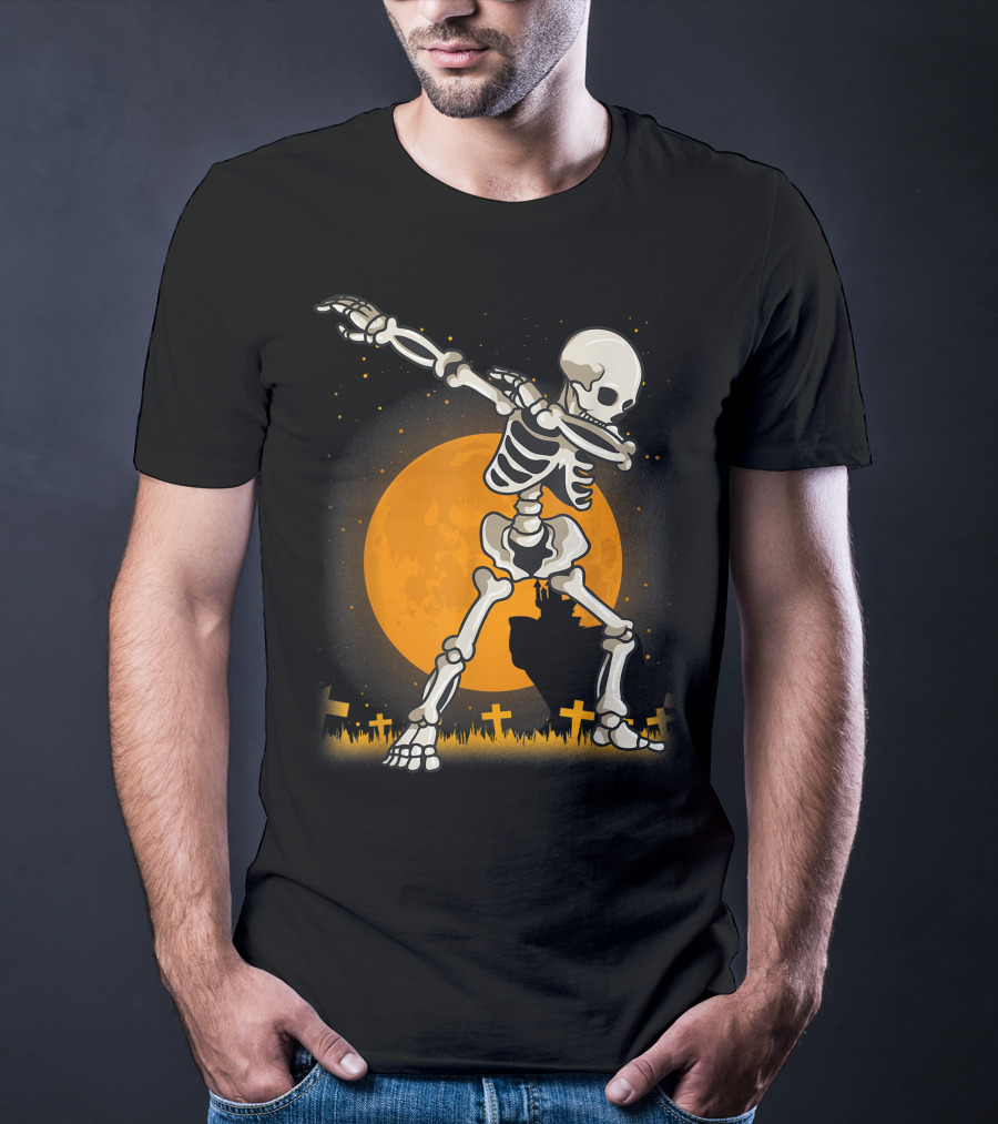 Dabbing Skeleton Dab Best Costume Halloween Moon Graveyard T-Shirt