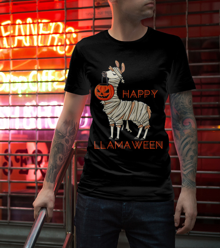 Halloween Llama Mummy Holding Pumpkin Happy Llamaween T-Shirt