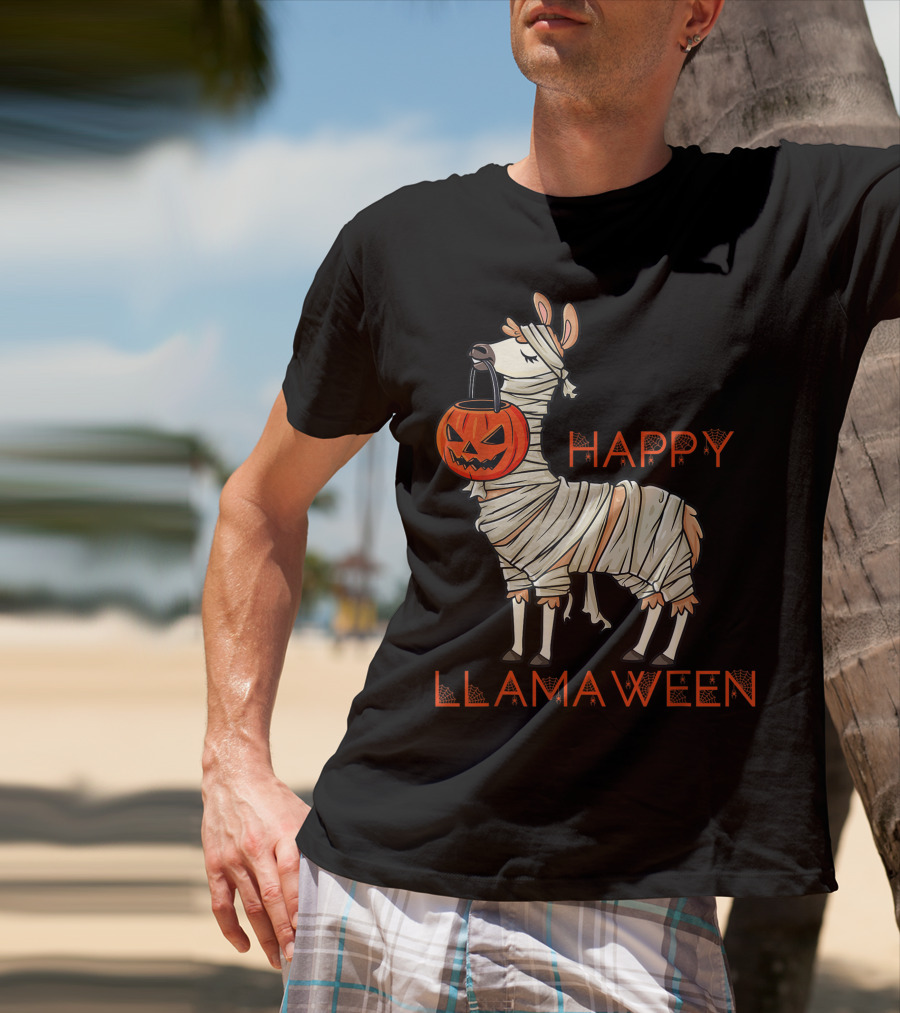 Halloween Llama Mummy Holding Pumpkin Happy Llamaween T-Shirt