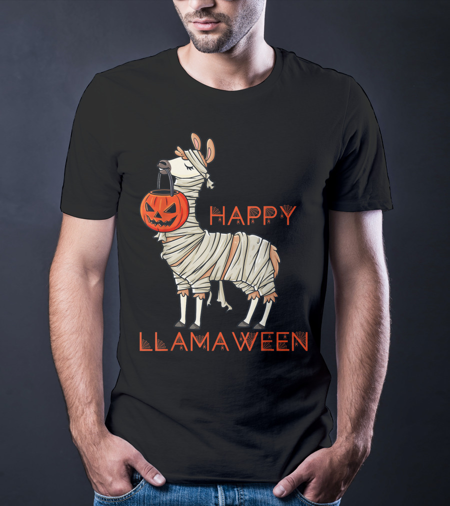Halloween Llama Mummy Holding Pumpkin Happy Llamaween T-Shirt