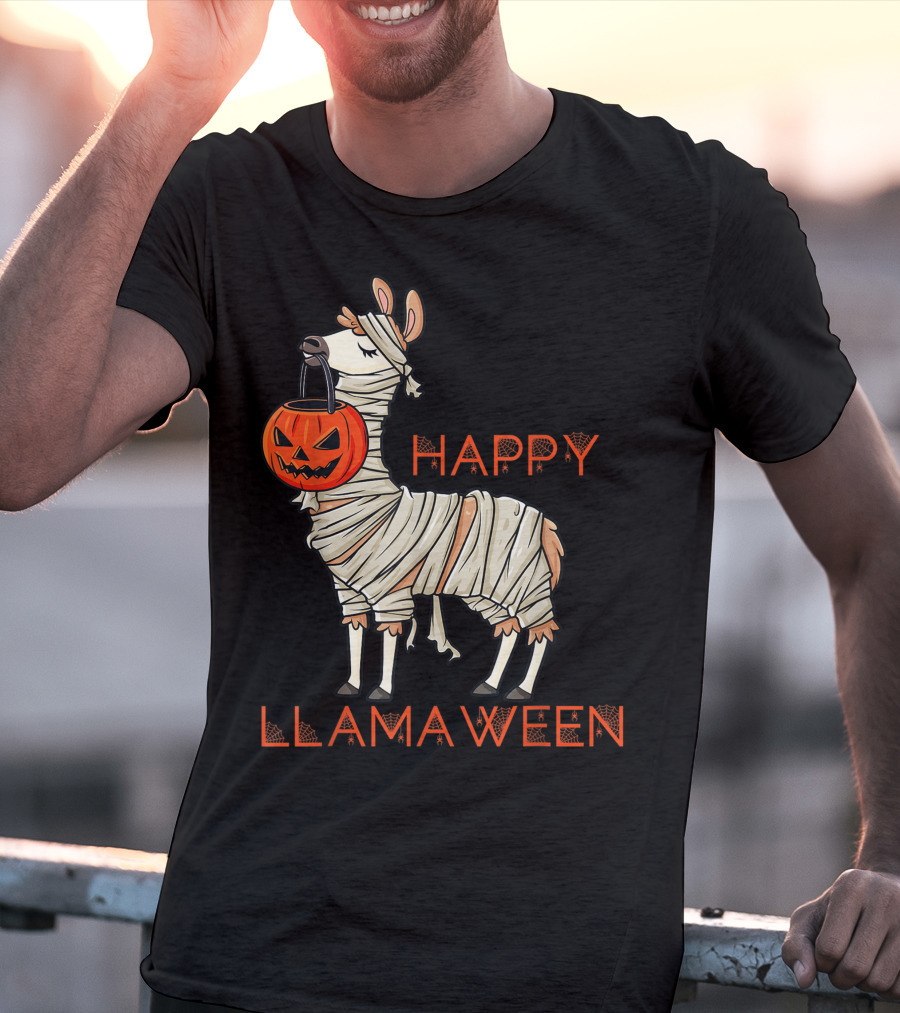 Halloween Llama Mummy Holding Pumpkin Happy Llamaween T-Shirt