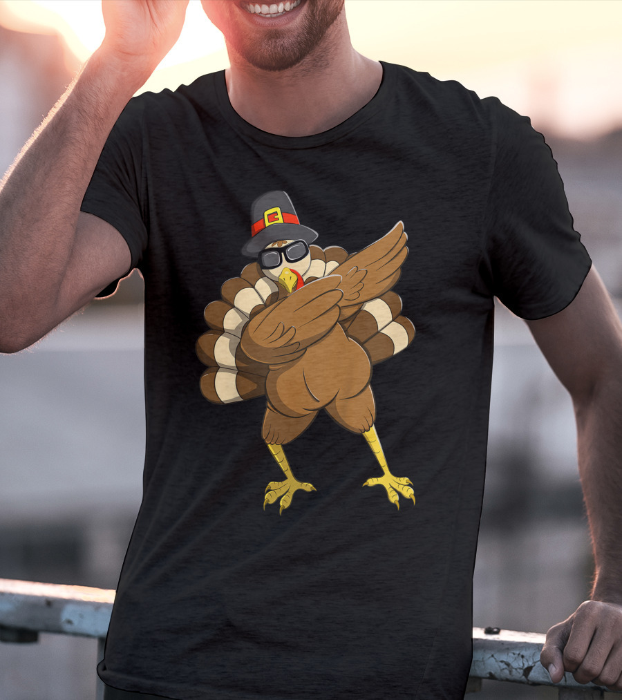 Happy Thanksgiving Day Family Funny Dab Turkey With Pilgrim Hat T-Shirt