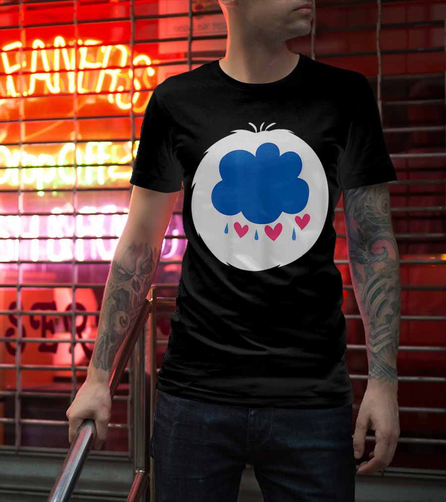 Grumpy Care Bear Blue Cloud With Hearts And Raindrops T-Shirt