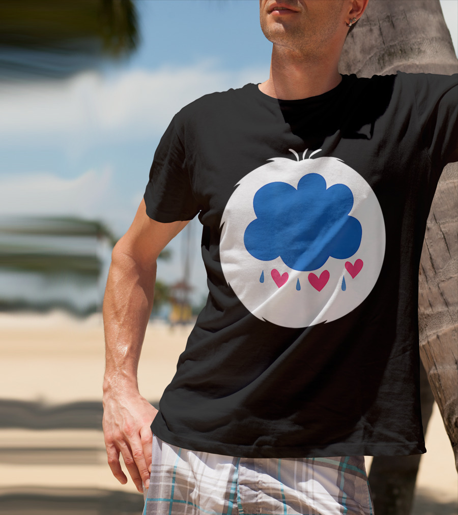 Grumpy Care Bear Blue Cloud With Hearts And Raindrops T-Shirt