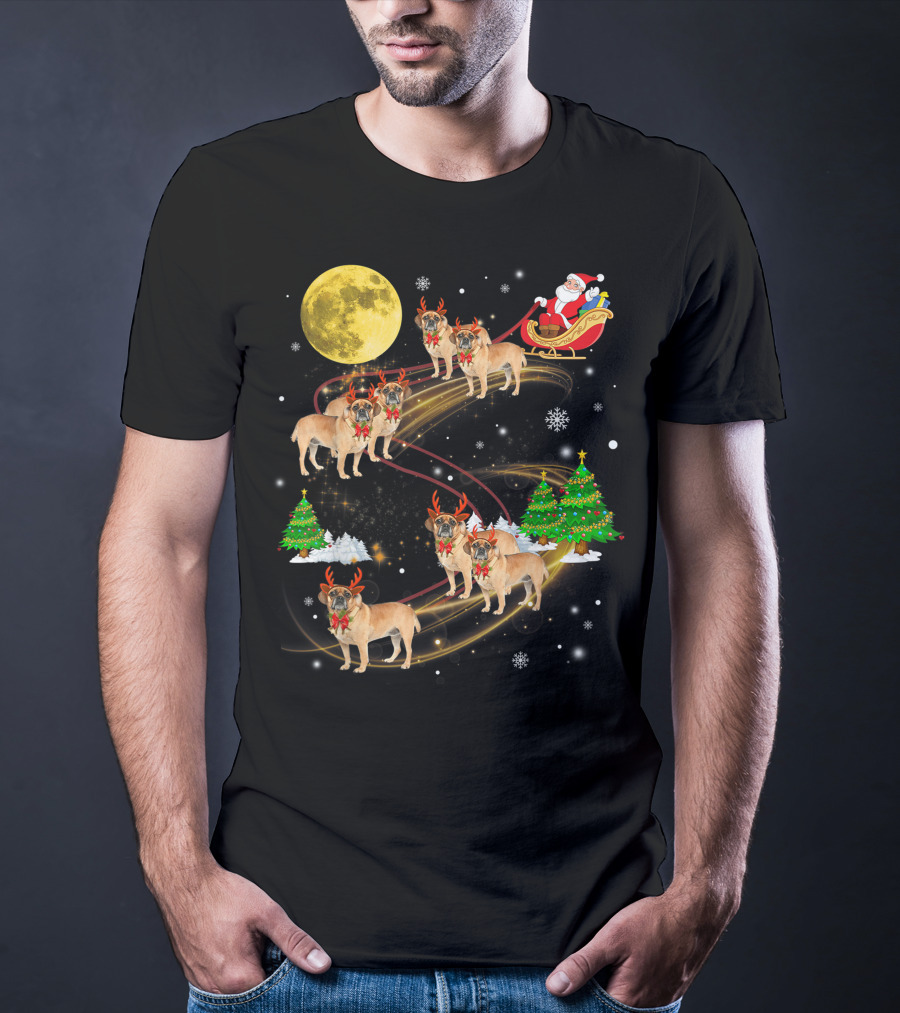Puggle Reindeer Christmas Santa Sleigh Full Moon Holiday Scene T-Shirt