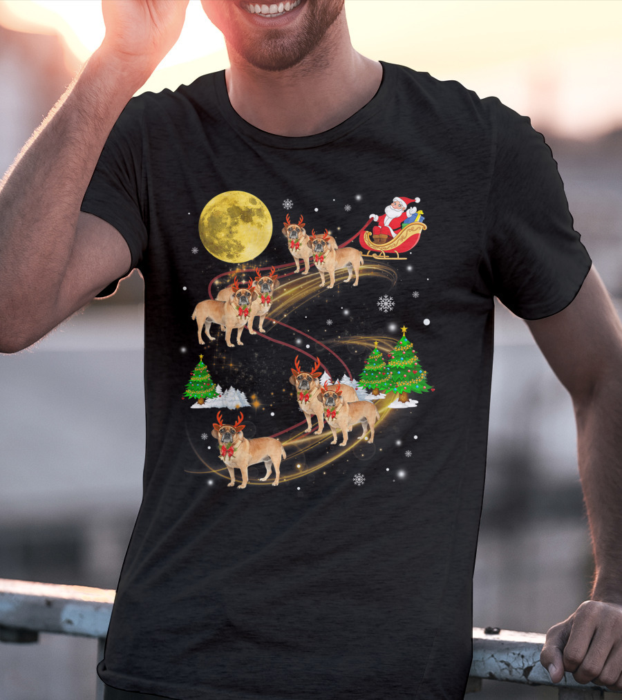 Puggle Reindeer Christmas Santa Sleigh Full Moon Holiday Scene T-Shirt