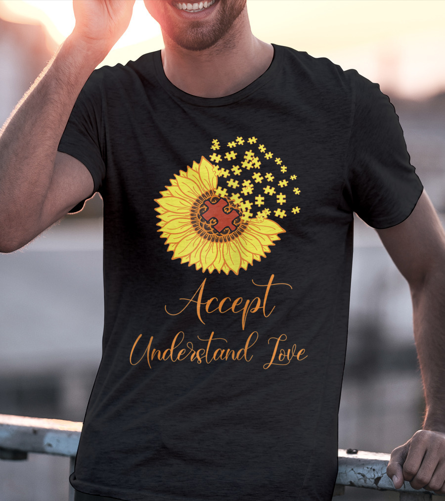 Sunflower Autism Awareness Month Accept Understand Love Puzzle Piece T-Shirt