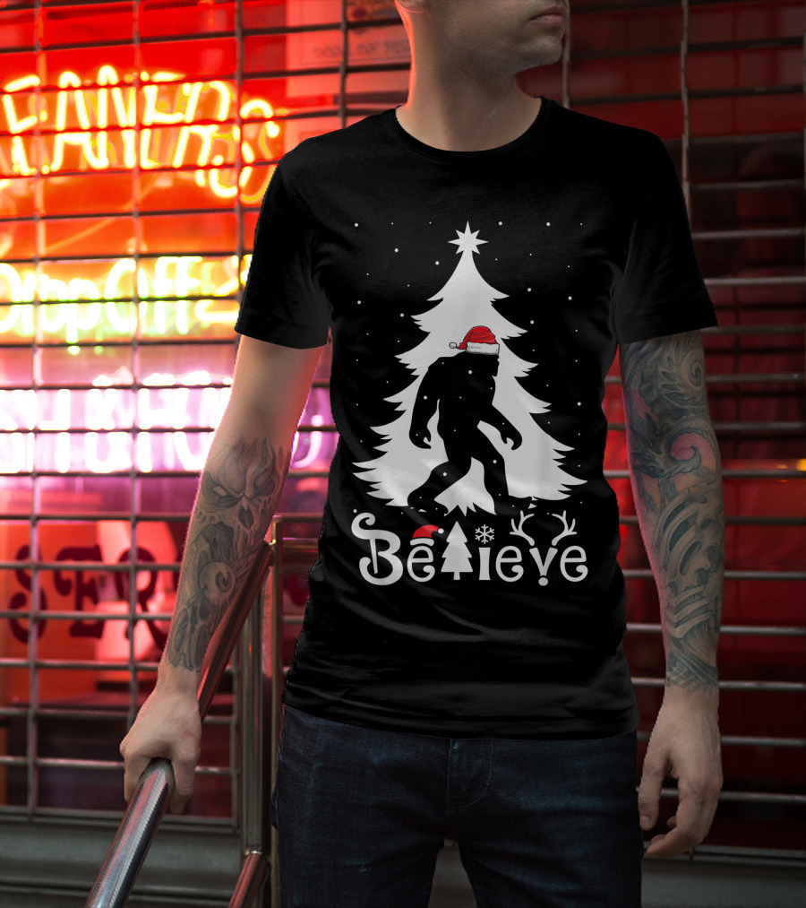 Believe Bigfoot Christmas Santa Hat Snowflakes T-Shirt